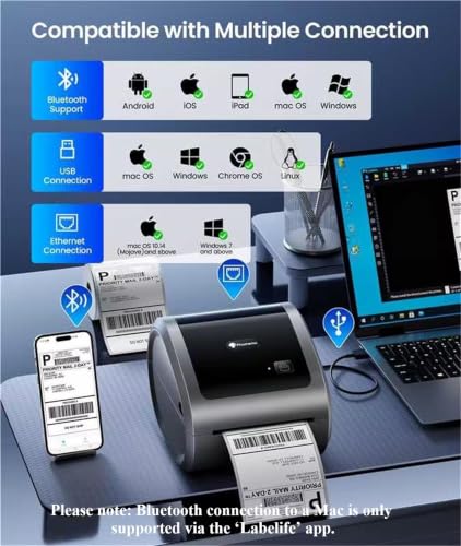 Phomemo 300DPI 4x6 Thermal Shipping Label Printer with 500 Labels | Ethernet Bluetooth & USB connection, Thermal Printer for Small Business, Compatible with iOS Android Windows Mac USPS UPS - color: Grey