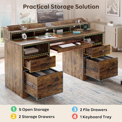 Bestier 59" Executive Desk with Charging Station & Monitor Stand, Brown - color: Natural Rustic Brown