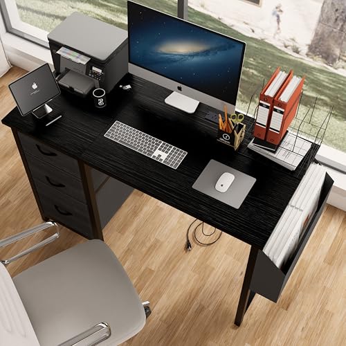 47.3" Office Desk with Power Outlet & 3 Drawers - Sturdy Reversible Frame, Side Pocket, Easy Assembly - Home/Office Computer Desk, Gaming Table, Vanity Table (Black + MDF+Metal + Modern) - color: Black + Mdf+metal + Modern