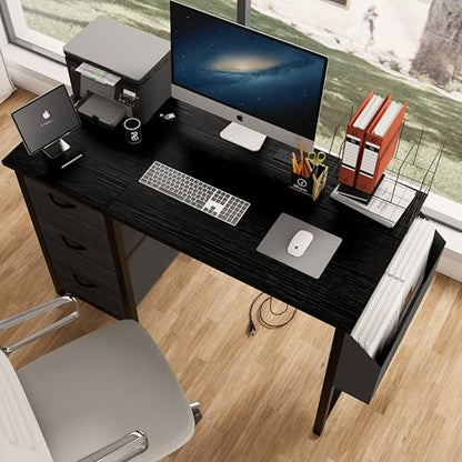 47.3" Office Desk with Power Outlet & 3 Drawers - Sturdy Reversible Frame, Side Pocket, Easy Assembly - Home/Office Computer Desk, Gaming Table, Vanity Table (Black + MDF+Metal + Modern) - color: Black + Mdf+metal + Modern