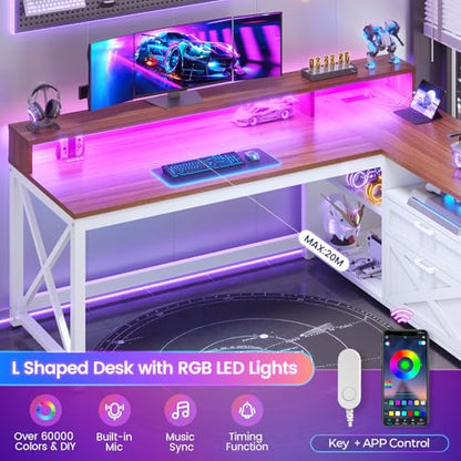 SEDETA Farmhouse L Shaped Desk, 55" Home Office Desk with Drawers and Storage Shelves, L Shaped Gaming Desk with LED Lights, Power Outlet and Monitor Shelf, Brown - color: Brown
