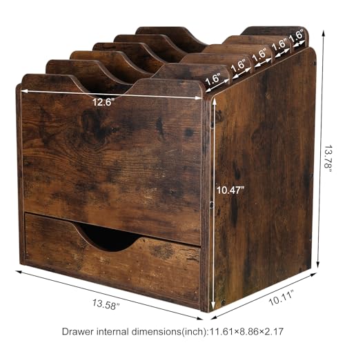 PAG-Mass Wood Desktop File Holder Organizer Mail Sorter with Drawer, for File Folders, Mails, Envelopes, Mailing Supplies or Magazines, 6 Compartments, Antique Brown
