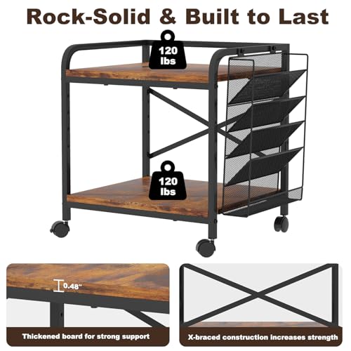 Large Printer Stand with Hanging File, Adjustable Height & Wheels - color: Rustic Brown, size: Large