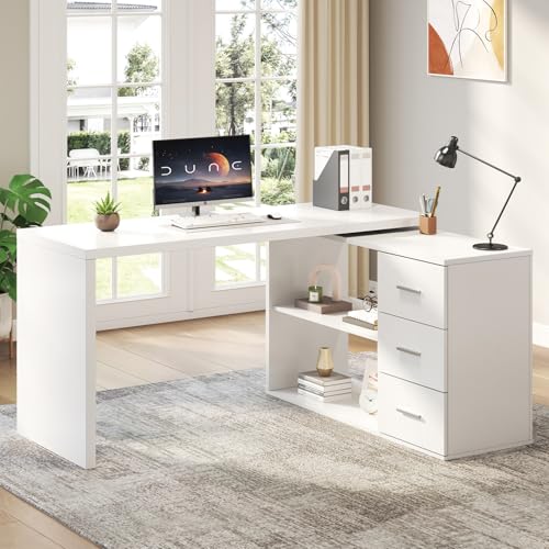 HSH 55-76 Inch White Morden L Shaped Desk,Corner Desk with Storage Drawers | Reversible Home Office Desk,Wood 360 Rotating Executive Coumputer Desk With Open Shelves,Long For Work,Study,Gaming - color: White