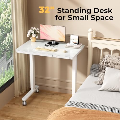 32" Glass Standing Desk with Drawer, Small Electric Desk - color: White Glass-top, size: 32"