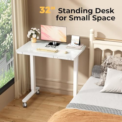 32" Glass Standing Desk with Drawer, Small Electric Desk - color: White Glass-top, size: 32"