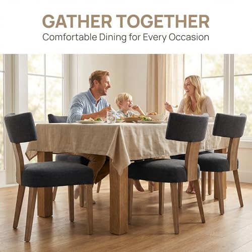 HNY Mid Century Modern Dining Chairs, Linen Fabric Upholstered and Curved Backrest Kitchen Chairs Set of 2, with Hardwood Frame, Charcoal - color: Charcoal Curved