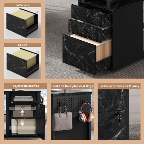 78" Executive Desk with Lockable File Cabinet, L Shaped Office Desk with Power Outlets, Large Executive Desk with Drawers and Storage Shelves, Reversible Computer Desk, Marble Grain - color: Marble Grain