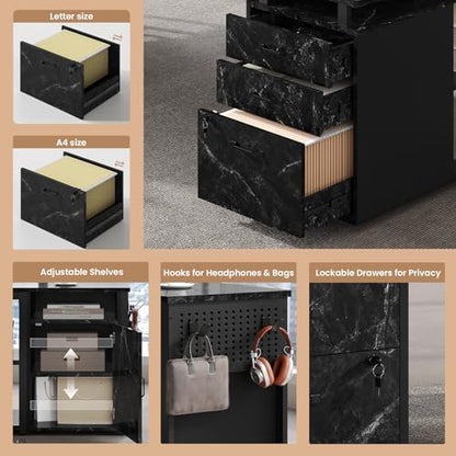 78" Executive Desk with Lockable File Cabinet, L Shaped Office Desk with Power Outlets, Large Executive Desk with Drawers and Storage Shelves, Reversible Computer Desk, Marble Grain - color: Marble Grain