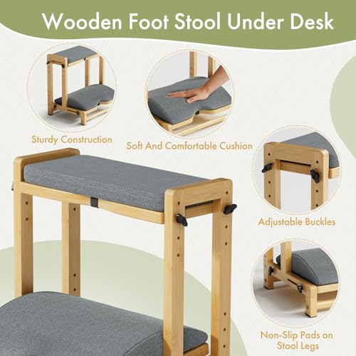 Double Step Foot Rest Under Desk, Adjustable Wooden Desk Foot Rest with 4 Heights, Ergonomic Foot Stool with Cushion for Office, Gaming & Study (Natural Color) - color: Natural Color