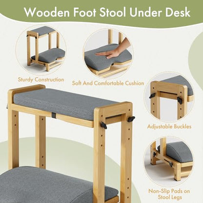 Double Step Foot Rest Under Desk, Adjustable Wooden Desk Foot Rest with 4 Heights, Ergonomic Foot Stool with Cushion for Office, Gaming & Study (Natural Color) - color: Natural Color