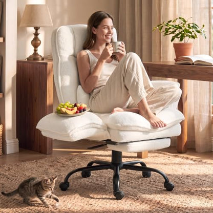 Wider Seat Office Chair with Flip Armrests for Criss Cross Legged&Cats, Big and Tall Executive Ergonomic Reclining Chair with Footrest&Lumbar Pillow, Teddy Fleece Desk Chair,White Vanity Chair - color: White