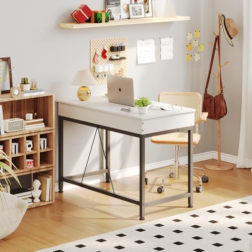 Mexin Small White Desk with 2 Wooden Drawers, 40 Inch Home Office Writing Desk, White Vanity Desk with Storage, Computer Desk for Bedroom Small Spaces, Table for Office, Work, Kids Study, Makeup - color: White