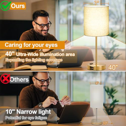 Lynnoland Set of 2 Touch Control Table Lamps, 3-Way Dimmable Bedside Nightstand Lamps for Bedroom Living Room Nursery, 800 Lumens 3000K Warmlight Bulbs Included, Coarse Linen - color: Natural Beige & Brushed Gold