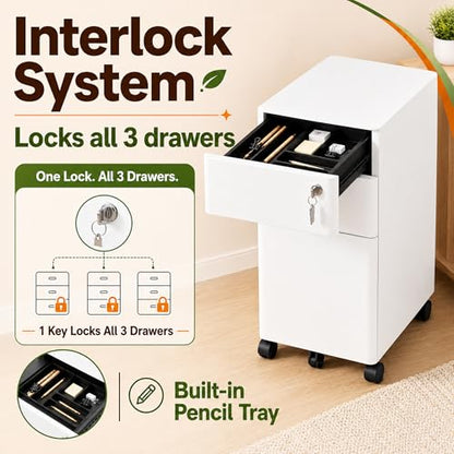 SAWJEC 3 Drawer Mobile File Cabinet Fully Assembled, White | 11.8"W x 17.7"D x 24"H, Rolling Under Desk Metal Filing Cabinet with Lock, for Home Office, Fit Legal/Letter/A4 Size - color: White, size: 24"H x 11.8"W x 18"D