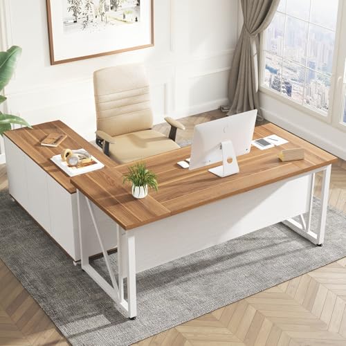 Tribesigns 63-Inch Executive Computer Desk with 47-Inch Lateral File Cabinet, Large Workstation Business Furniture, L Shaped Desk with Drawers and Storage Shelves for Home Office, Walnut & White - color: Walnut & White, size: 63