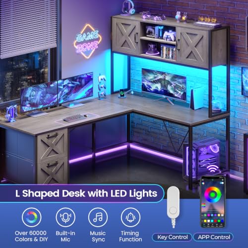 SEDETA Reversible Farmhouse L Shaped Gaming Desk with Drawers, Hutch - color: Light Gray