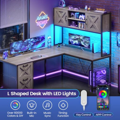 SEDETA Reversible Farmhouse L Shaped Gaming Desk with Drawers, Hutch - color: Light Gray