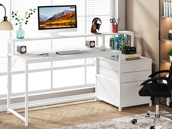 Tribesigns 63 Inch Computer Desk with File Drawer Cabinet, Ergonomic Desk - color: White