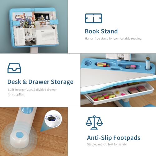 Kids Adjustable Desk and Chair Set 3-12, Children School Study Desk-11BLUE | Height Adjustable | 50° Tilt Desktop | Book Stand & Metal Hook & Storage Drawer | Writing Drawing Table for Boys and Girls - color: 110-blue-27.5in