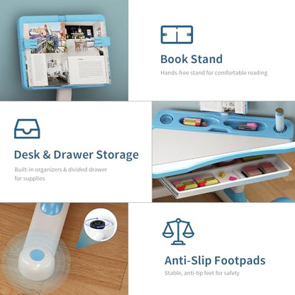 Kids Adjustable Desk and Chair Set 3-12, Children School Study Desk-11BLUE | Height Adjustable | 50° Tilt Desktop | Book Stand & Metal Hook & Storage Drawer | Writing Drawing Table for Boys and Girls - color: 110-blue-27.5in