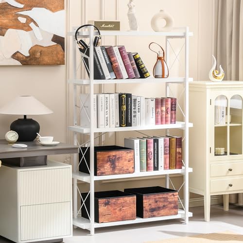 HCHQHS Bookshelf, 5-Tier Industrial Bookcase, White Open Book Shelf, Freestanding Tall Bookshelves with Metal Frame - color: Cloud White, size: 5-Tier (35.8"W x 65.7"H)