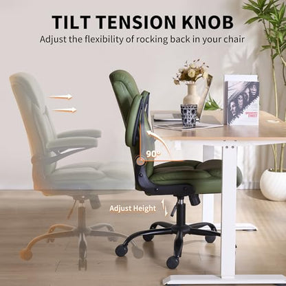 Ergonomic Home Office Chair PU Leather Comfy Computer Chair, Green | Flip-up Armrest, Height Adjustable, Lumbar Support, 360° Swivel Wheels Managerial Executive Chairs for Work Gaming Home Use - color: Green