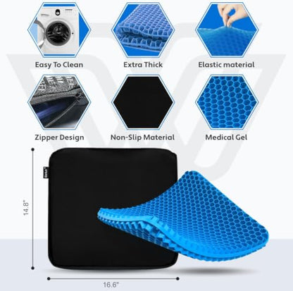 Gel Seat Cushion for Long Sitting, Double Thick, Pressure Relief | Cooling, Soft&Breathable | Sciatica, Hip&Coccyx Pain Relief | Gel Cushion for Office Chair, Home Car, Wheelchair | Anti-Slip - color: Blue