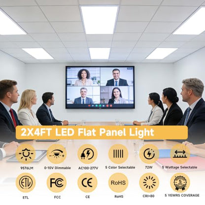 48 Pack 2x4 LED Flat Panel Lights with 5CCT Selectable, 9576LM, ETL | 72W/60W/50W/40W/30W,6500K/5000K/4000K/3500K/3000K,0-10V Dimmable, LED Drop Ceiling Fixtures for Office Meeting Classroom - size: 2x4FT 48PACK