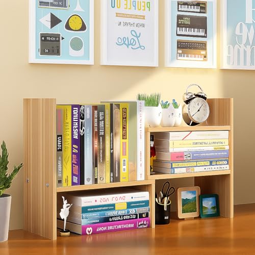 Desktop Shelf Organizer, Adjustable Wood Office Storage Rack, Counter Display Small Bookshelf for Home/Office/School(Light Walnut) - color: Light Walnut