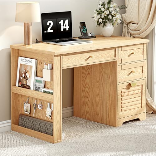 Ieejdn 47" Home Office Desks, Executive Desk, Farmhouse Computer Desk with Drawers and Charging Station, File Drawer, Storage Cabinet, Rustic Computer Writing Desk,Antique Natural - color: Natural, size: 47.24"