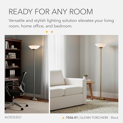 Adesso Dual-Socket Floor Lamp, Black & Frosted White, 3-Way, 71” - color: Black