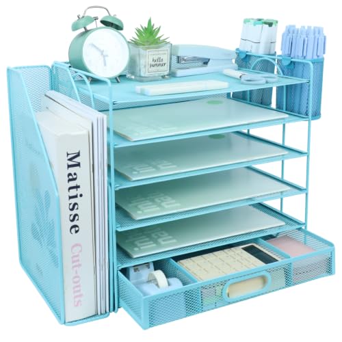 Desk Organizers and Accessories with File Holder, 6-Tier Paper Letter Tray Organiser with Drawer and 2 Pen Holder, Mesh Desktop Document Organizer for Office Supplies, Workspace - Blue - color: 6 Tier - Blue