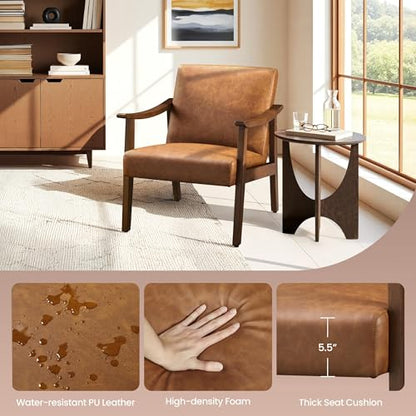 Yaheetech Accent Chairs Set of 2, Mid-Century Faux Leather Armchairs Brown - color: Brown