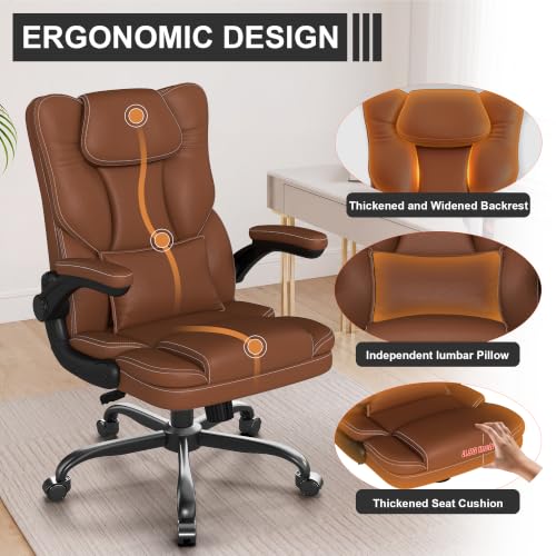Executive Office Chair Flip Up Arms Lumbar Support Home Office Desk Chair - color: Brown