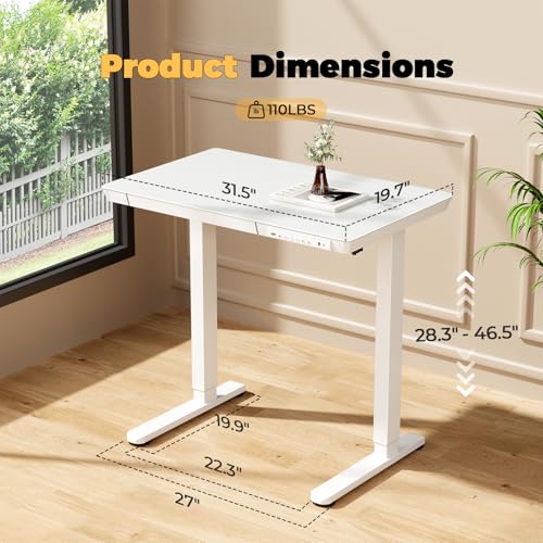 32" Glass Standing Desk with Drawer, Small Electric Desk - color: White Glass-top, size: 32"