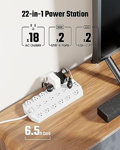 SUPERDANNY 18 AC Power Strip Surge Protector, 6.5FT, Flat Plug, 1875W/15A - color: White, size: 6.5 FT