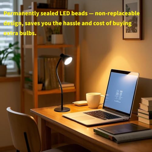 Small Dimmable Gooseneck LED Desk Lamp for Home Office, CRI 90+ Eye-Caring Reading Light, Adjustable Brightness, Perfect for Study Desk (Adapter Included)