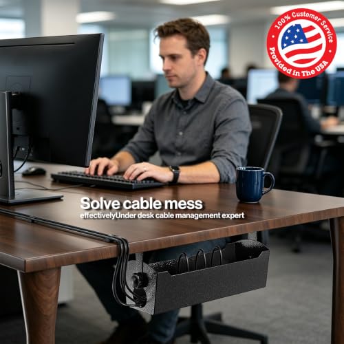 POCHAR Under Desk Cable Management Tray, 15" Power Strip Holder | Heavy Duty 1.7mm Steel Wire Organizer with 9-Cord Routing Openings, Screw Mount Cord Management for Standing Desk Home Office - size: 15 inch