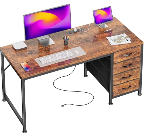47.2 Inch Computer Office Desk with Power Outelts and USB-C Port, Reversible Gaming Desk with 4 Fabric Drawers, Work Study Desk Work from Home, Rustic Brown - color: Rustic Brown, size: 47 inch