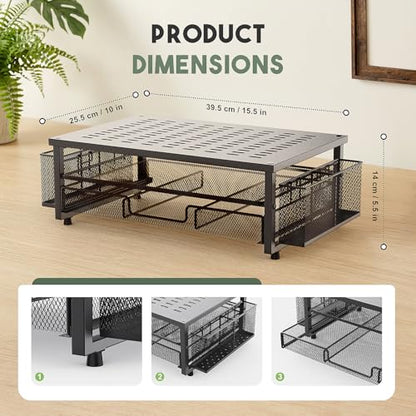 Metal Monitor Stand Riser with Heat Dissipation Holes, 2-Tier Computer Desk Organizer with Drawer & Pen Holders for Laptop, iMac, PC (Black)