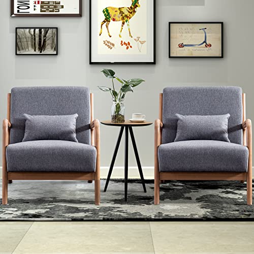 INZOY Mid Century Modern Accent Chair with Wood Frame, Upholstered Living Room Chairs with Waist Cushion, Reading Armchair for Bedroom Sunroom (Dark Grey) - color: A-grey
