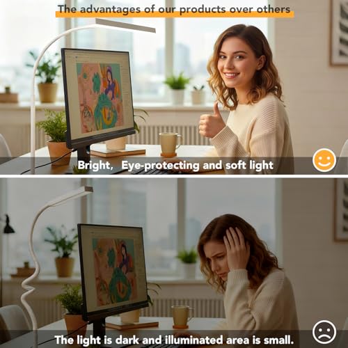 LED Desk Lamp with clamp, Remote Control Desk Lamp, 5 Color Modes & 10 Brightness Levels, 17'' Wide Light Bar, Eye Caring Gooseneck Desk Light, Adapter Included - color: White