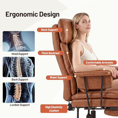 Big and Tall Office Chair, PU Leather High Back Executive Office Chair with Adjustable Lumbar Support, Gaming Chair with Padded Arm and Pillow, Height Adjustment, Footrest, Brown - color: Brown-1