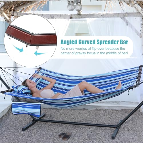 TegerDeger 12FT 2 Person Hammock with V Shaped Spreader Bar -Blue Stripes - color: Blue Stripes