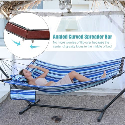 TegerDeger 12FT 2 Person Hammock with V Shaped Spreader Bar -Blue Stripes - color: Blue Stripes