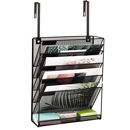 Desk File Organizer Mesh 6-Tier with Hangers, Hanging Wall Mount Document Organization Stand, Desktop Vertical Mail Paper Folder Holder with Bottom Tray for Office Home Cubicle, Black - color: Black, size: 6 Tier & Hangers