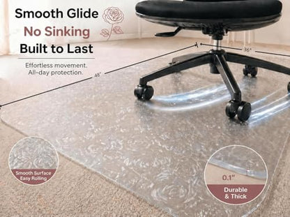 36" x 48" Rose Pattern Office Chair Mat, Clear Carpet Floor Protector - size: 36"x 48" with Rose Pattern