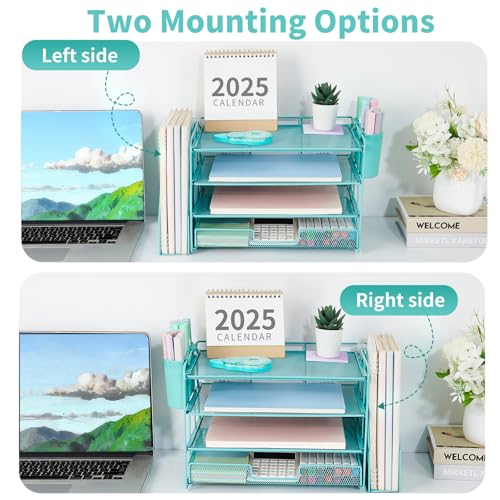 OPNICE Desk Organizer, 4-Tier Desktop File Organizer with Drawer and Pen Holders, Office Desk Accessories, File Sorters, Workspace Organizers for Office Supplies(Teal Blue) - color: Teal Blue, size: 4T
