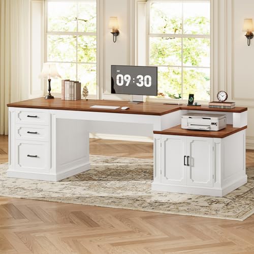 SEDETA Farmhouse 70.9" Executive Desk, Home Office Desk with File Drawers and Storage Cabinet, Computer Desk with Power Outlet for Home Office, Work Study Writing, White+Brown - color: White+brown, size: 70.9" Executive Desk